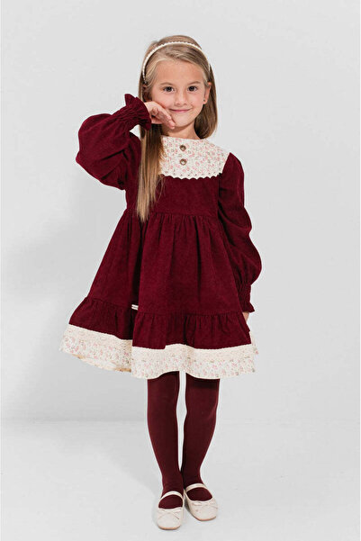 SOLLUXE AYSEL – Velvet dress with flared skirt, floral details and vintage lace appliqués, burgundy, 116