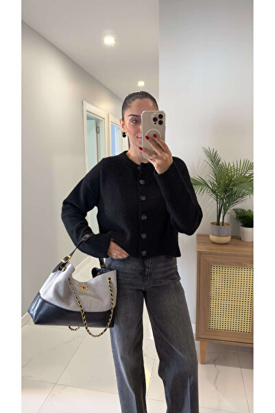 BİRCANÇİL Dlvin Fus Black Buttoned Slit Cardigan