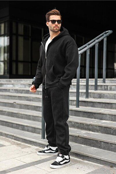 Madmext Black Double Zipper Hooded Tracksuit Set E7175