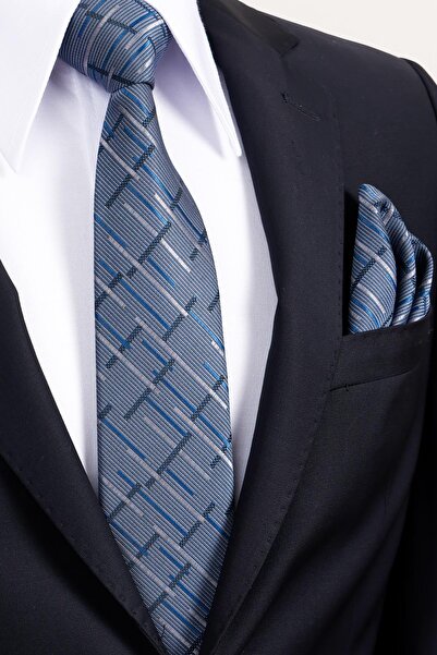 Esgue 8 cm Classic Wide Hand Made Navy Blue - Gray Striped Pattern Handkerchief Tie