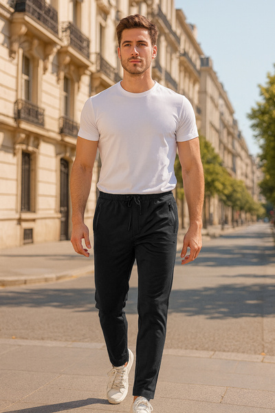 REMSA Men's Sweatpants with Straight Legs and Elastic Waist with 3 Pockets 7051 Black