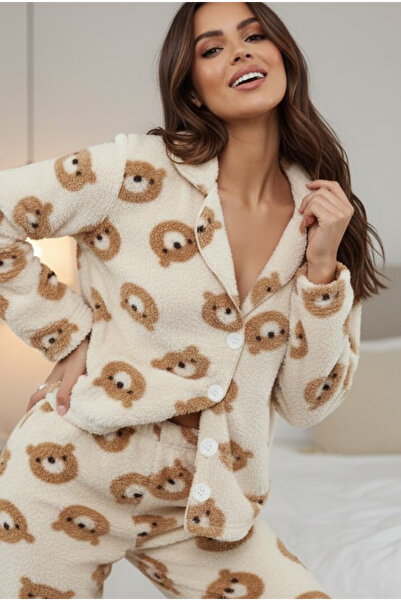 Siyah İnci Ecru Teddy Bear Patterned Buttoned Wellsoft Pajama Set 7922
