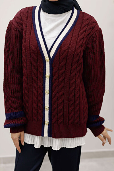 Tesettür Dünyası Hair Braid Patterned Knitwear Cardigan Tsd250255 Claret Red