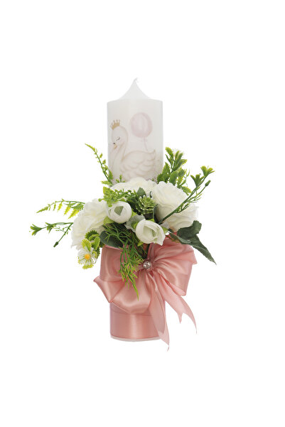 Recostore Lumanare botez, model cu Lebada cu flori artificiale, 30x7 cm, Reco...