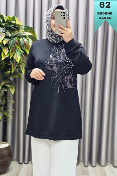 Elmas Tesettür Kadın Giyim Büyük Beden Modal Taşlı Çiçekli Tunik