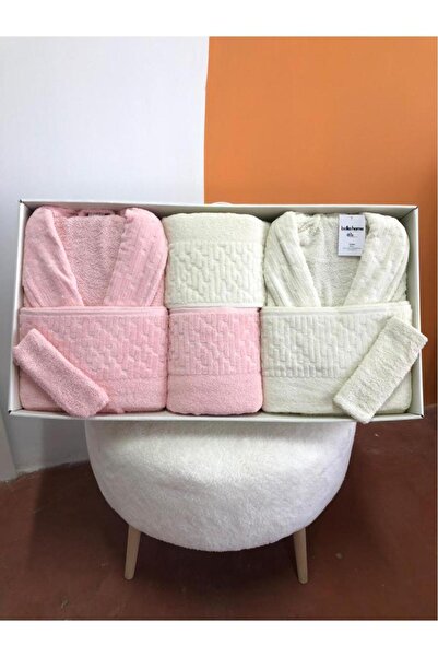 Çeyiz Diyarı Su Yolu 8 Piece Family Bathrobe Set Cream - Powder