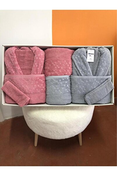 Çeyiz Diyarı Su Yolu 8 Piece Family Bathrobe Set Light Gray - Dusty Rose