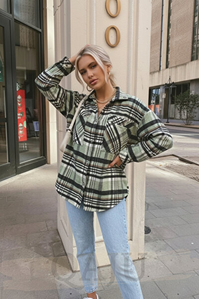Qaju Women's Oversized Plaid Woven Shirt Jacket– Green Black