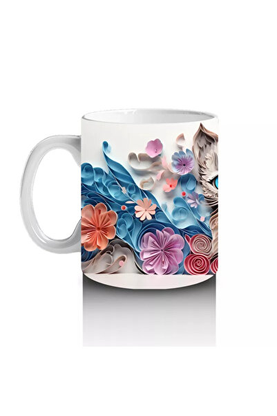Wisdom Rain Cat Decorated with Flowers in Blue Tones – Printed Coffee Mug