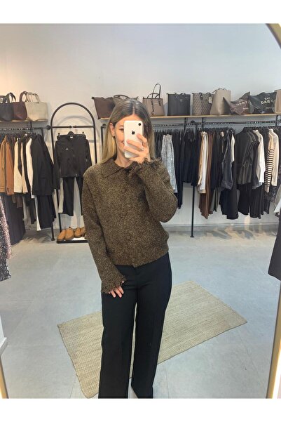 Ecenin Favorileri Brown knitted women's cardigan with tassel sleeves