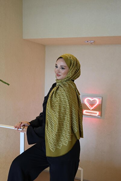 Şalland F Pattern Wool Cashmere Shawl Oil Green