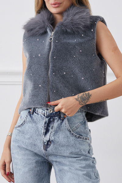 DPARİS Pearl Detailed Zippered Fur Vest