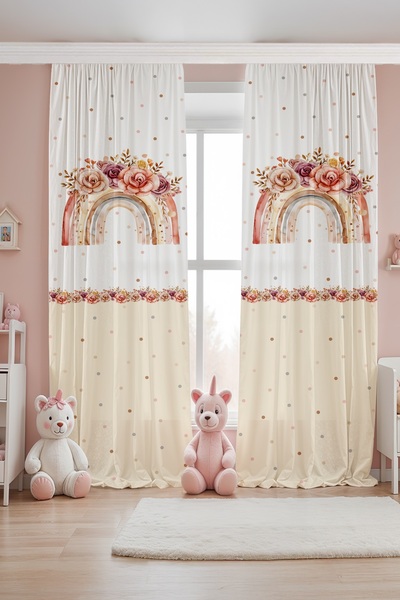 EVPANYA Cortina de fundal pentru camera bebelușului cu model cu buline și trandafiri curcubeu (preț pentru o singură aripă)