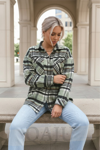 Qaju Women's Oversized Plaid Woven Shirt Jacket– Green Black