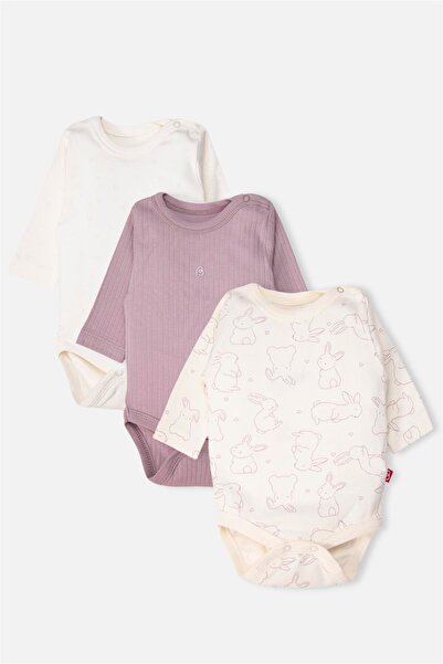 Bebetto Long Sleeve Bodysuit 3-Pack (Cute Bunny) Purple