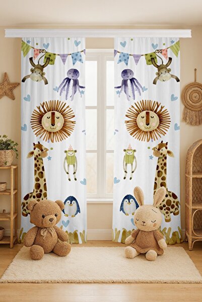 EVPANYA Safari Friends Patterned Children's Baby Room Background Curtain (Single Wing Pricing)