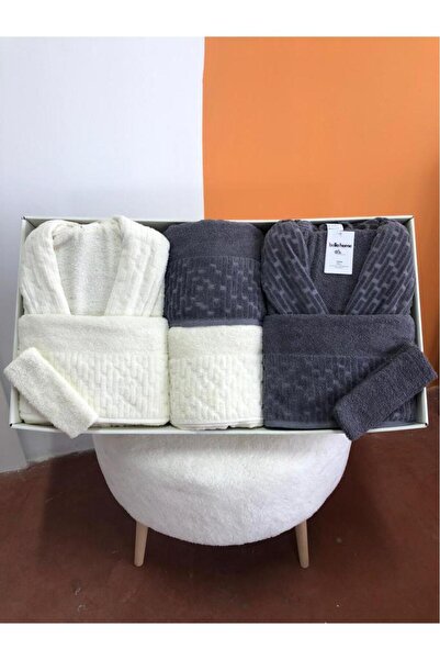 Çeyiz Diyarı Su Yolu 8 Piece Family Bathrobe Set Cream - Anthracite