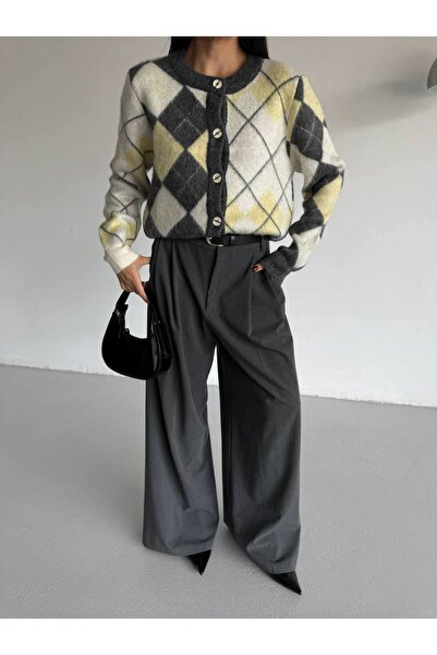 ossons Baklava Patterned Crew Neck Jacquard Cardigan