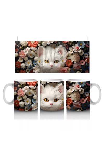 Wisdom Rain Fluffy White Cat Sitting in the Flower Garden Mug