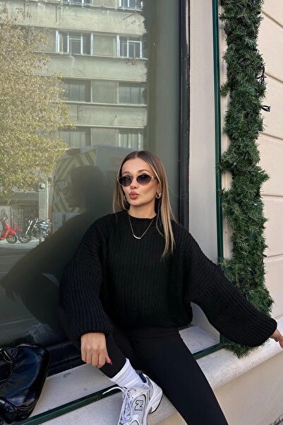 HARMONY GLOBAL Women's Black Balloon Sleeve Thick Thessaloniki Knit Oversized Sweater – Soft Texture, Keeps Warm 1700