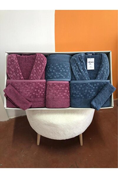 Çeyiz Diyarı Su Yolu 8 Piece Family Bathrobe Set Indigo - Plum