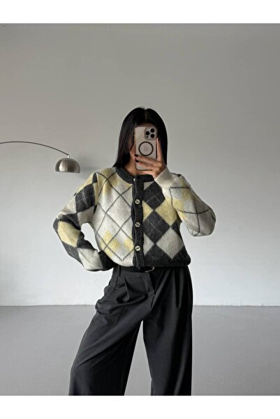 ossons Baklava Patterned Crew Neck Jacquard Cardigan