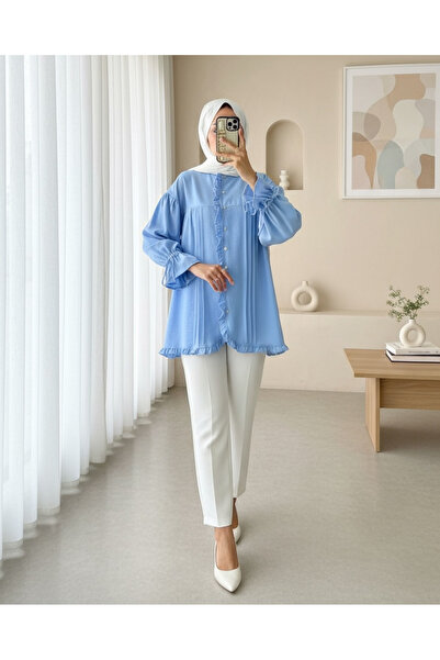 Modamorfo Modal Fabric Shirt with Lace-Up Sleeves and Stone Buttons - Blue