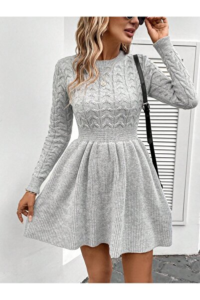 SİNGBADA Mini Boy Örgü Desenli Fitilli Kışlık Triko Elbise Beli Büzgülü