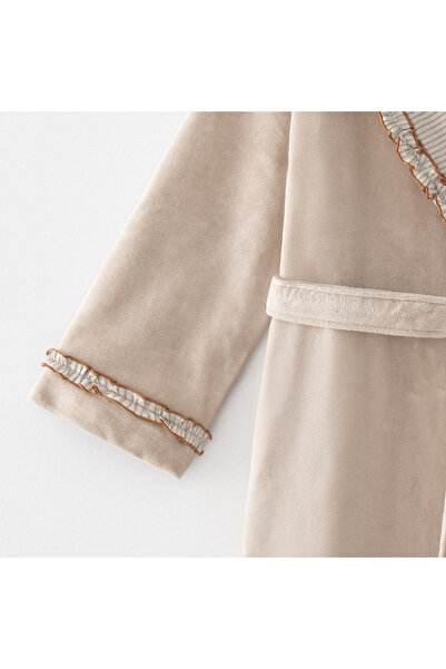 Ecocotton Latifa Women's Bathrobe 100% Organic Cotton Hand Embroidered Ruffled Beige