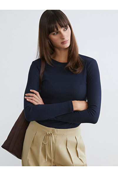 LC Waikiki Vision Navy Blue Crew Neck Corded Fabric Women's Bodysuit