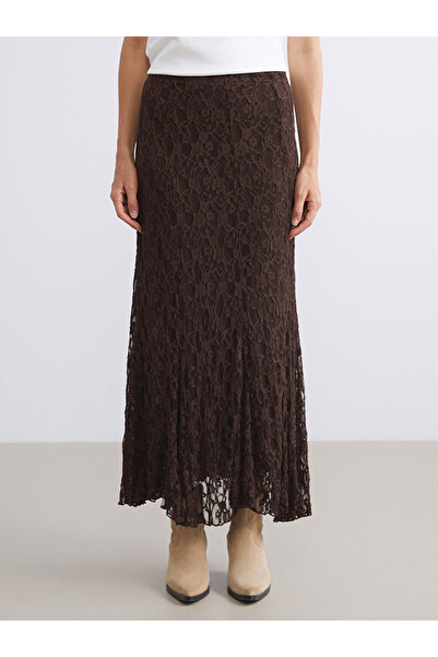 LC Waikiki Vision Brown Lace-Like Knit Crochet Skirt with Elastic Waist