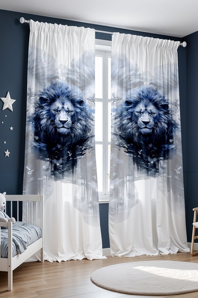 EVPANYA Navy Blue King Lion Patterned Children's Baby Room Background Curtain (Single Wing Pricing)