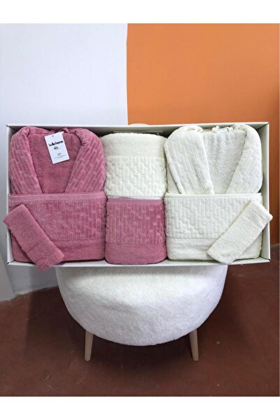 Çeyiz Diyarı Su Yolu 8 Piece Family Bathrobe Set Cream - Dusty Rose