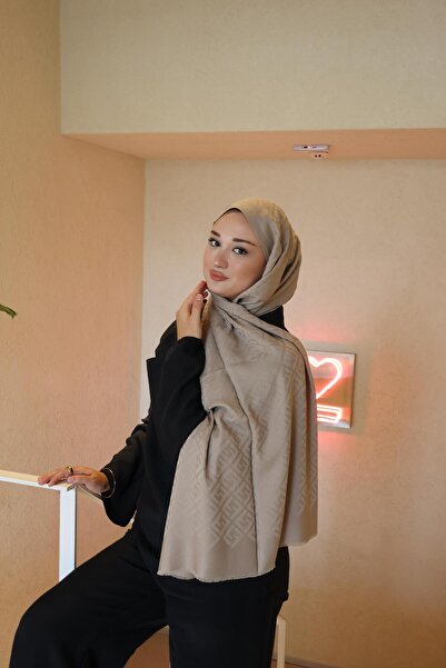 Şalland F Pattern Wool Cashmere Shawl Sand Beige