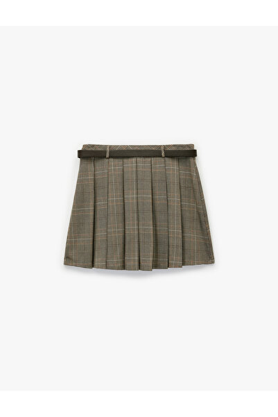 Koton Viscose Blend Thick Pleated Plaid Mini Skirt with Belt Detail