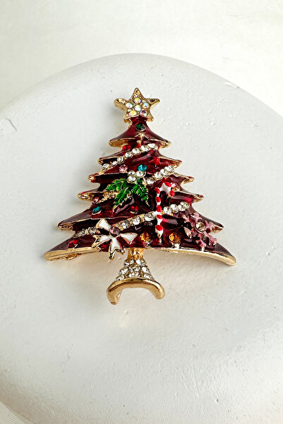 Modex Yılbaşı Özel Taş Süslemeli Kırmızı Çam Ağacı Broş (6cm)