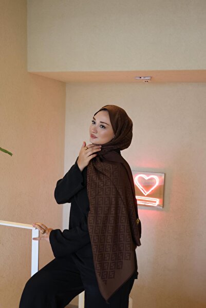 Şalland F Pattern Wool Cashmere Shawl Chocolate Brown