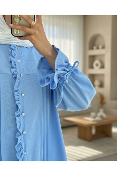 Modamorfo Modal Fabric Shirt with Lace-Up Sleeves and Stone Buttons - Blue