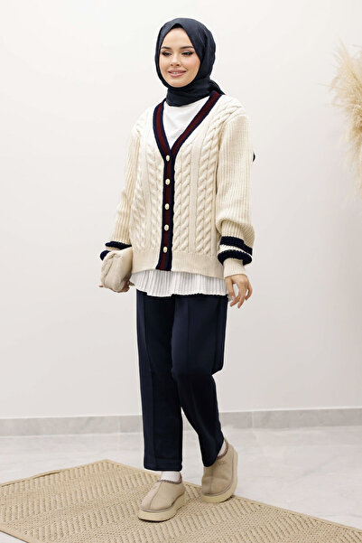 Tesettür Dünyası Hair Braid Patterned Knitwear Cardigan Tsd250255 Beige