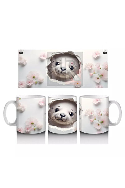 Wisdom Rain كوب قهوة مطبوع عليه دببة مائية لطيفة على خلفية زهور بيضاء