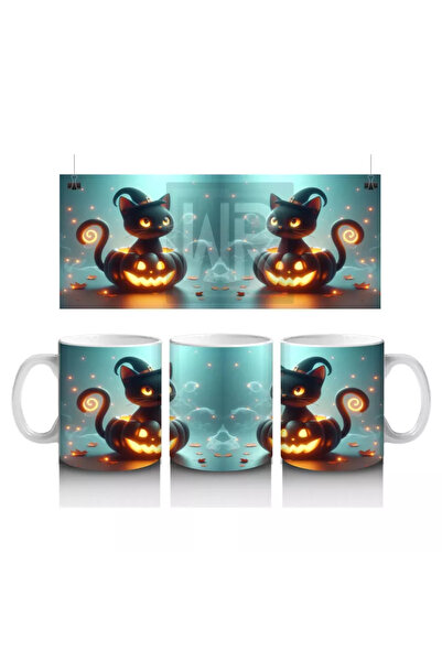 Wisdom Rain Gothic Halloween Printed Mug with Twin Witch Figures and Pumpkins