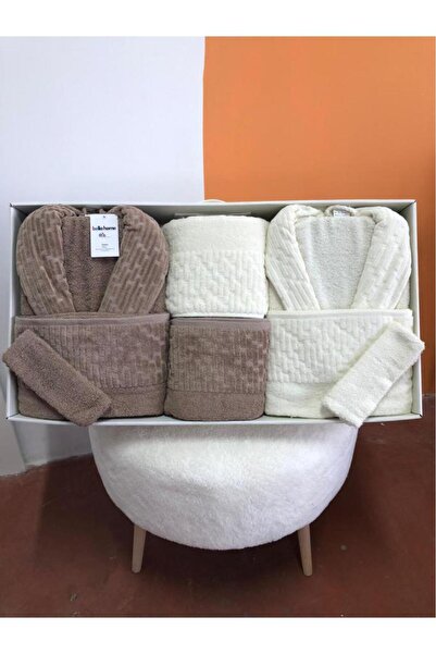 Çeyiz Diyarı Su Yolu 8 Piece Family Bathrobe Set Cream - Dark Beige