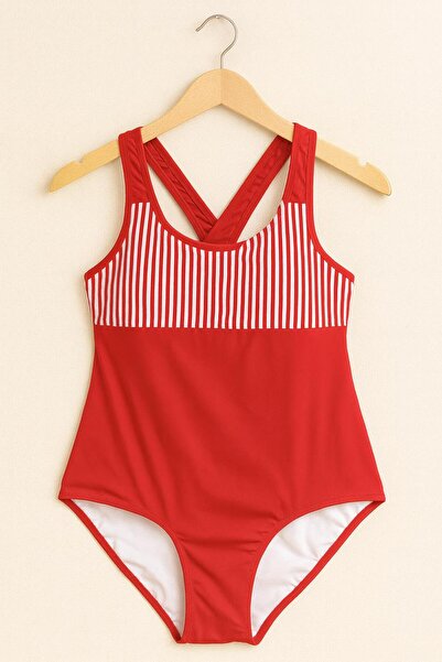 RAPAPA Women's Red Striped One-Piece Swimsuit – Cross Straps on the Back 1129-K