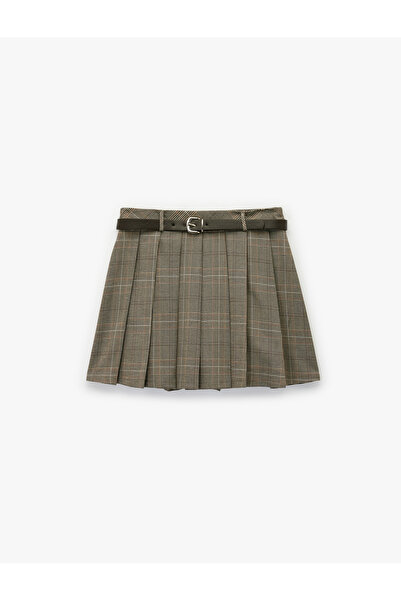 Koton Viscose Blend Thick Pleated Plaid Mini Skirt with Belt Detail