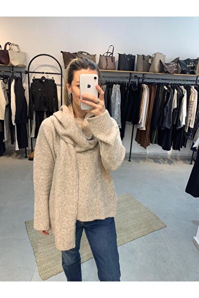 Ecenin Favorileri Beige Women's Sweater with Scarf Detail