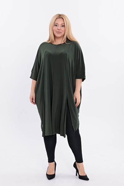 HELVEYS Special Design Slit Sleeves Detailed Flexible Stretch Fabric Sandy Fabric Midi Length Plus Size Dress 5007
