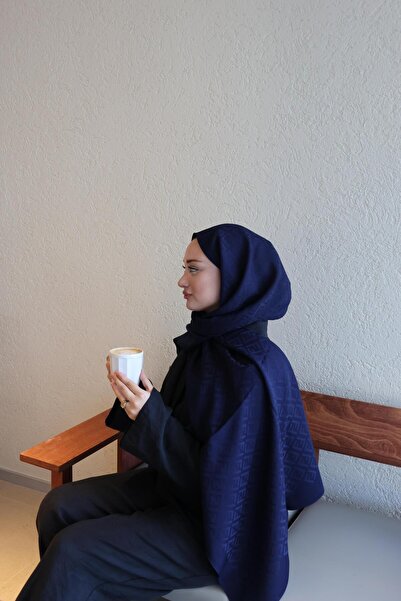 Şalland F Pattern Wool Cashmere Shawl Navy Blue