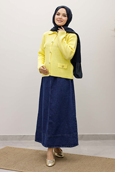 Tesettür Dünyası Ornamental Pocketed Knitwear Cardigan Tsd250243 Yellow