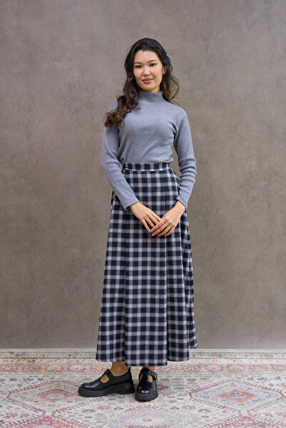 KÜÇÜĞÜM BUTİK Black Burgundy Striped Double Pleated Plaid Skirt
