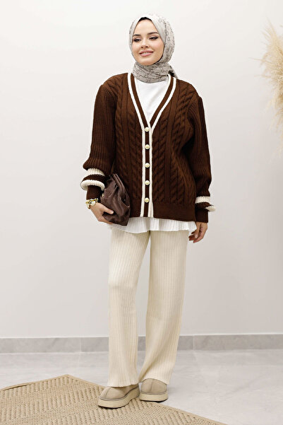 Tesettür Dünyası Hair Braid Patterned Knitwear Cardigan Tsd250255 Brown